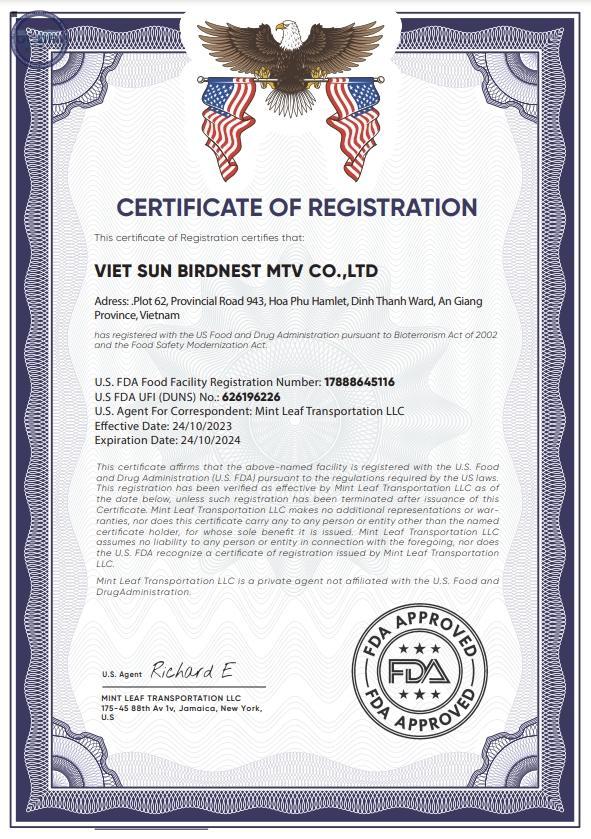 DỰ ÁN FDA - CÔNG TY TNHH MTV VIET SUN BIRDNEST